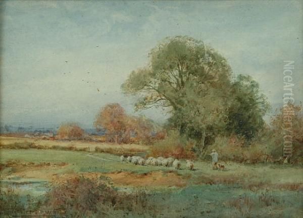 Shepherd And His Flock On A River Bank Near Flitwick, Bedfordshire Oil Painting by Henry John Sylvester Stannard