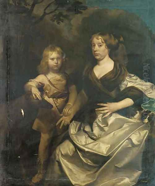 Double portrait of a lady and her son, full-length, the lady seated, in a silver dress with a brown wrap, the boy in an orange tunic Oil Painting by Gerard Soest