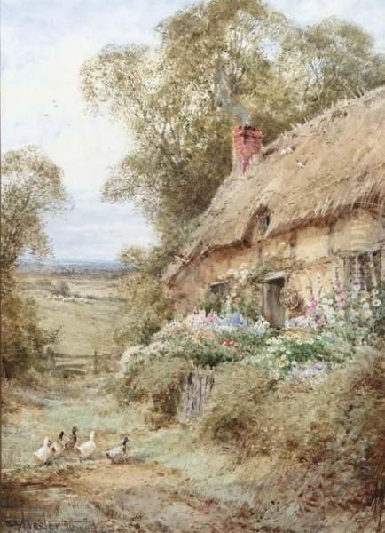 A Country Cottage Near Bedford 
With Ducks; And A Bedfordshire Cottage With Chickens Feeding Oil Painting by Henry John Sylvester Stannard