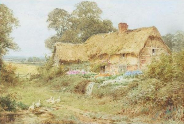 Ducks Outside A Thatched Cottage Oil Painting by Henry John Sylvester Stannard