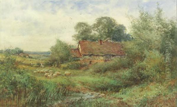 A Cottage Near Flitwick, Bedfordshire With Sheep Grazing In Theforeground Oil Painting by Henry John Sylvester Stannard