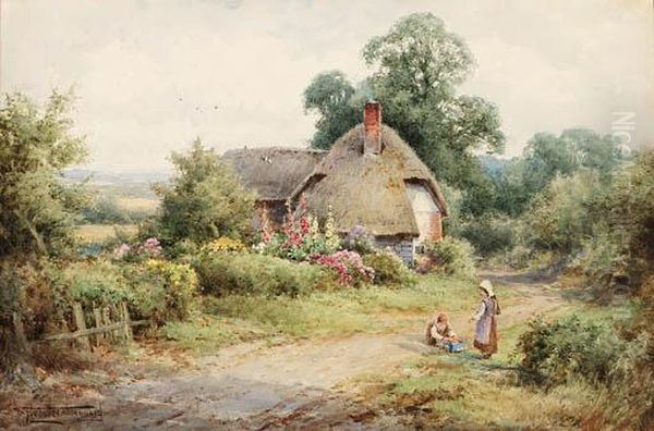 Children Playing Outside Of A Thatched Cottage Oil Painting by Henry John Sylvester Stannard