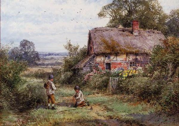 Young Anglers Beside A Stream Oil Painting by Henry John Sylvester Stannard