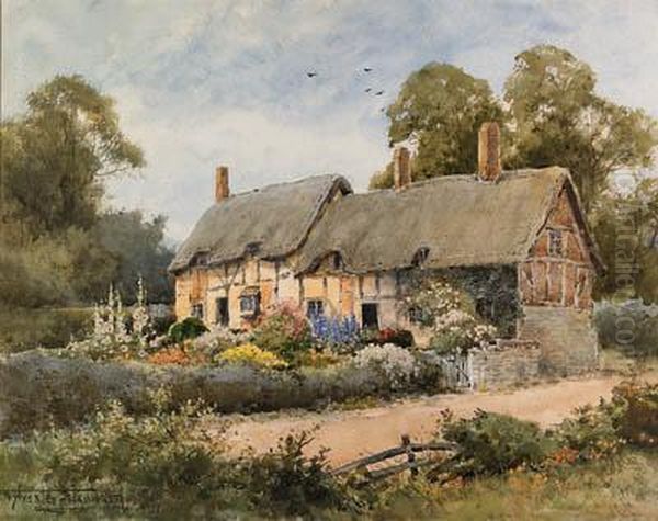 A Thatched Cottage With A Garden Filled With Hollyhocks Anddelphiniums Oil Painting by Henry John Sylvester Stannard