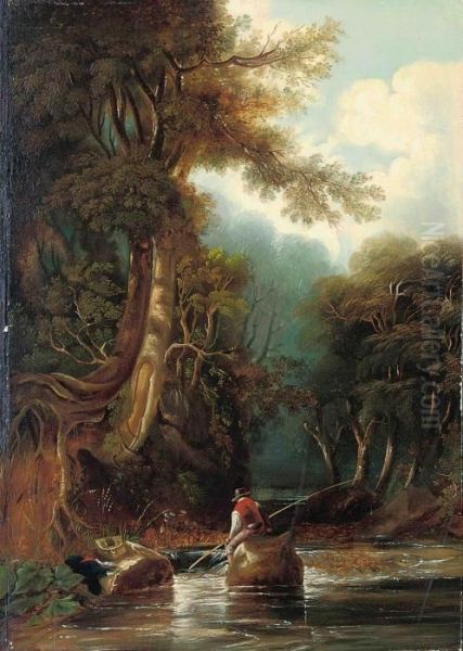 An Angler Fishing In A Wooded Landscape Oil Painting by James Stark