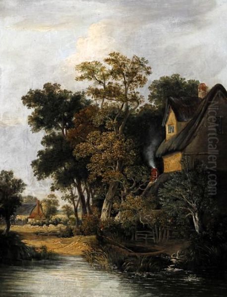 Wooded Riverside Cottage With Man Fishing On The River Bank Oil Painting by James Stark