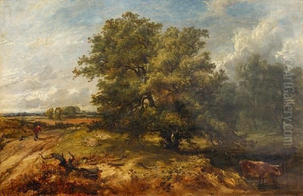 Wooded Stream With Cattle, Sheep And Figure Ona Path Oil Painting by James Stark