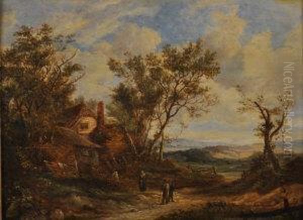 A Pastoral Landscape With Three Figures And A Cottage Oil Painting by James Stark