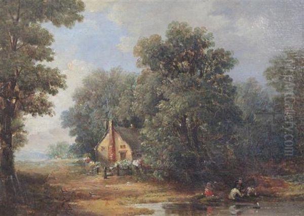 Landscape With Children Playing Beside A Pond Oil Painting by James Stark