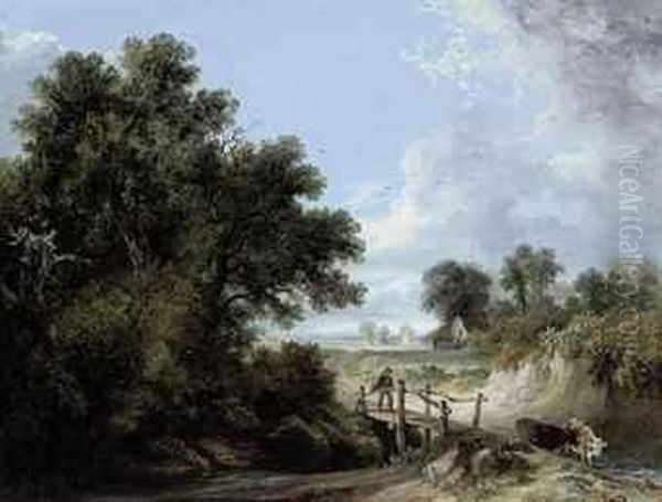 A Drover And Cattle Crossing A Wooden Bridge Oil Painting by James Stark