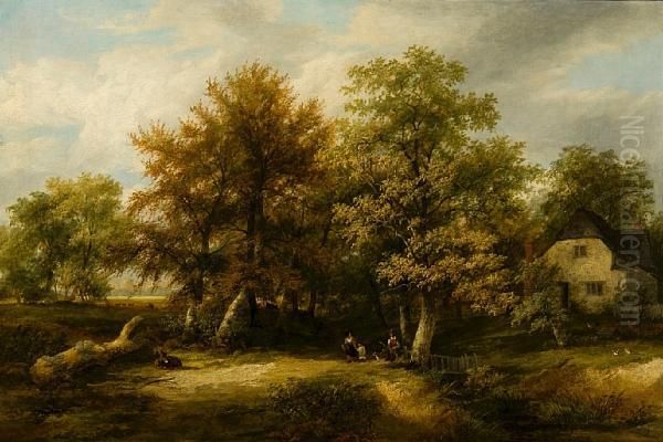 Figures In A Forest Clearing With A View Ofwindsor Castle In The Distance Oil Painting by James Stark