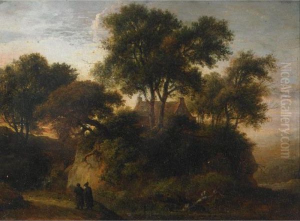 Monks Nearing A Waterfall In The Woods, Passing A Norwich Homesteadon A Cliff Oil Painting by James Stark