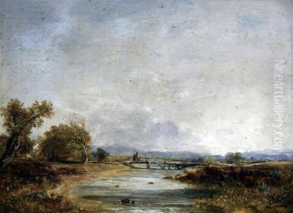 Figures On A Footbridge In A Landscape Oil Painting by James Stark