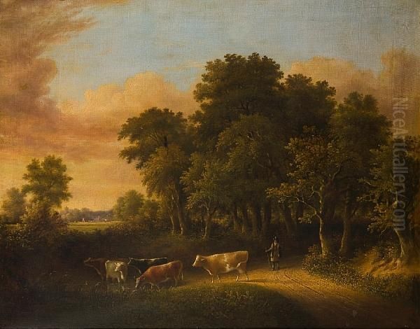 Cattle On A Wooded Path Oil Painting by James Stark