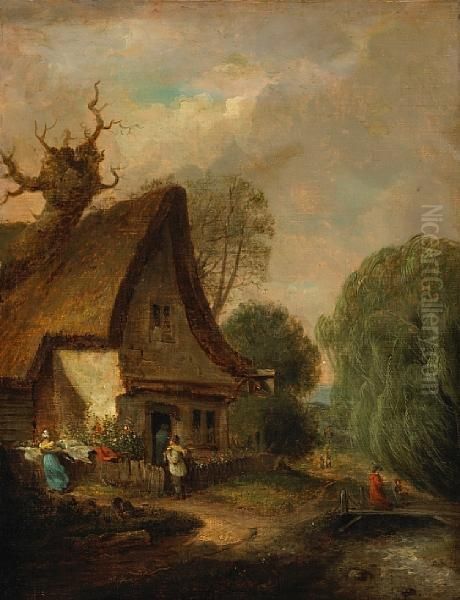 A Thatched Cottage By A Stream Oil Painting by James Stark