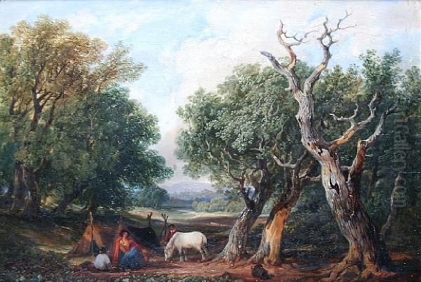 A Travellers Encampment In A Forest, Possibly Windsor Oil Painting by James Stark