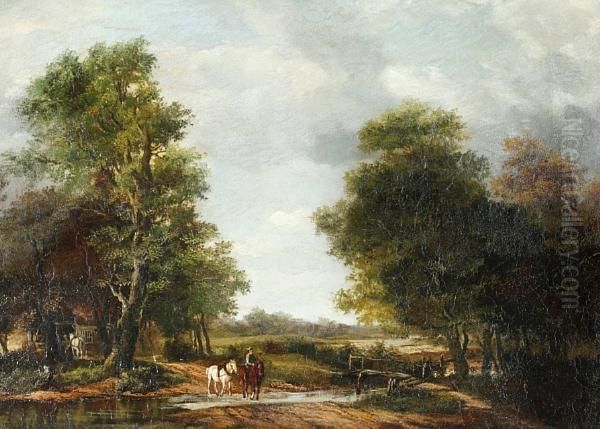 Woodland Scene With Figure And Horses Fording A Stream Oil Painting by James Stark