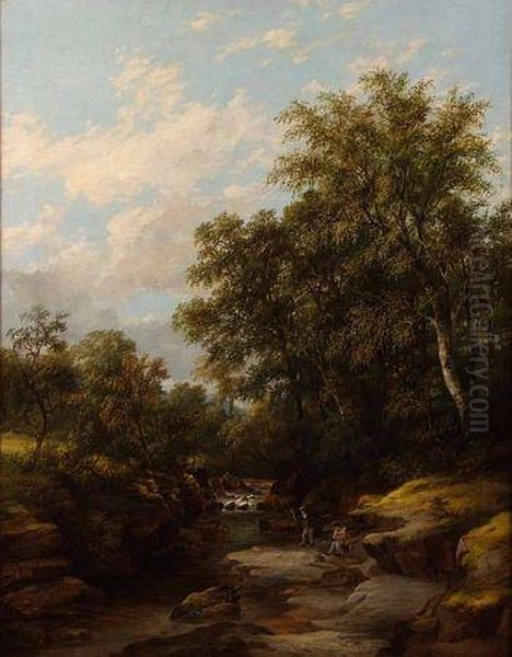 Wooded River View With Anglers Oil Painting by James Stark