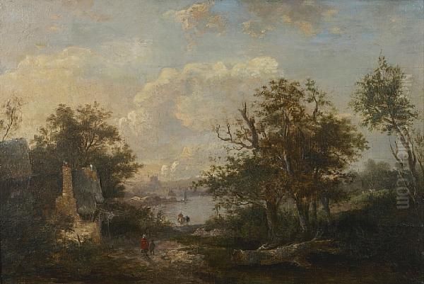 An Extensive Landscape With Ruins And Figures By A Lake Oil Painting by James Stark