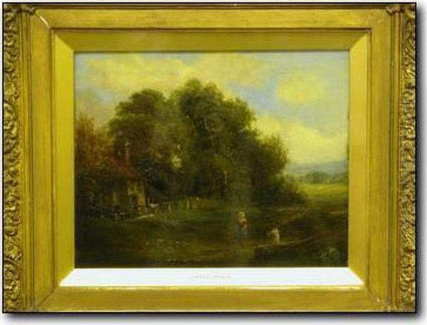 Figures Outside A Cottagein A Rural Landscape Oil Painting by James Stark