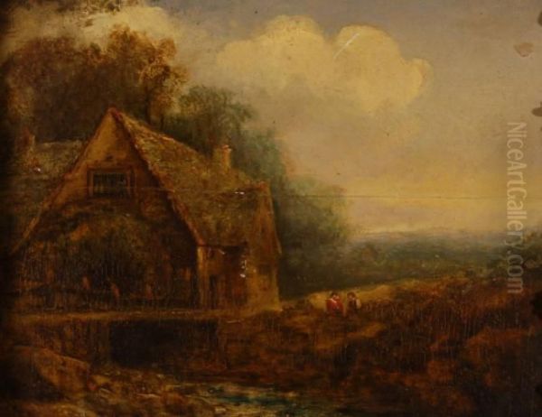 Figures By A Rural Cottage Oil Painting by James Stark