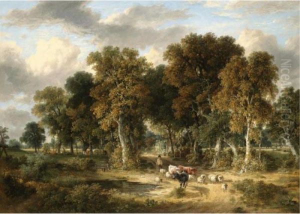 A Drover With Cattle And Sheep In A Wooded Landscape Oil Painting by James Stark