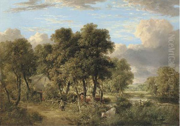 On The Yare: A Wooded River Landscape With Cattle, A Figure And Acottage Oil Painting by James Stark