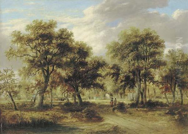 View Of Richmond Park With Figures On A Path And Cattlebeyond Oil Painting by James Stark