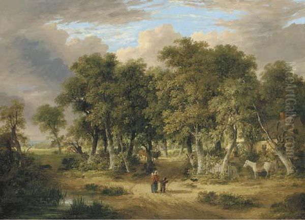 A Wooded Landscape With Figures On A Track, A Cottage Beyond Oil Painting by James Stark