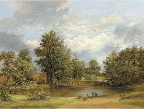 Parkland Landscape With A Gardener By A Pond Oil Painting by James Stark