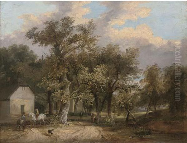 Figures And Animals Before Cottages In A Wooded Landscape Oil Painting by James Stark