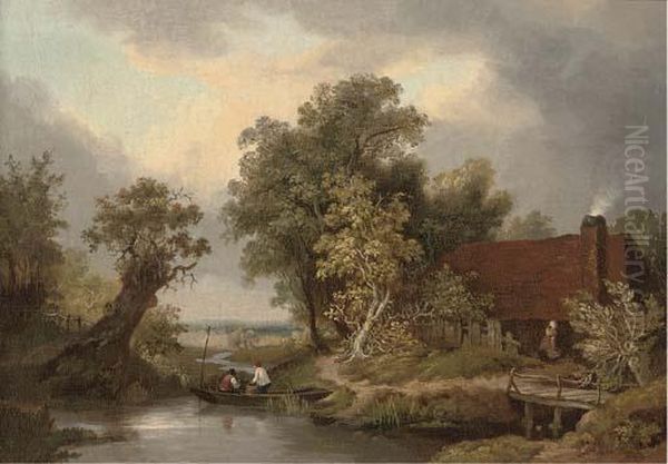 Figures In A Punt By A Cottage Oil Painting by James Stark