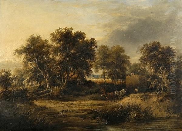 A Full Loaded Hay Wain On A Summer Lane Oil Painting by James Stark