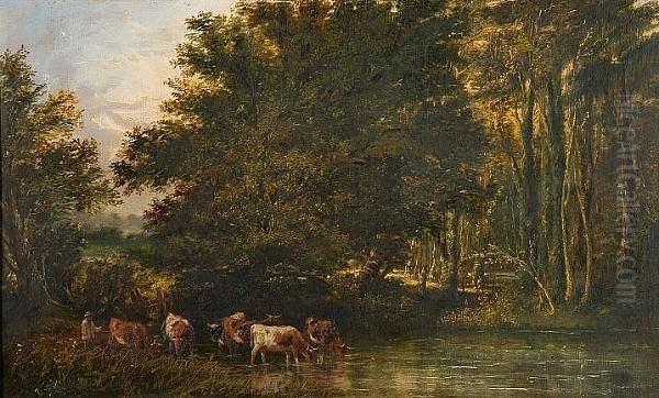 Woodland Landscape With Drover Watering His Cattle Oil Painting by James Stark