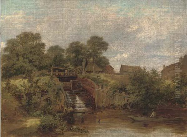 Eel Catchers By The Sluice, Trump's Mill, North Wales Oil Painting by James Stark