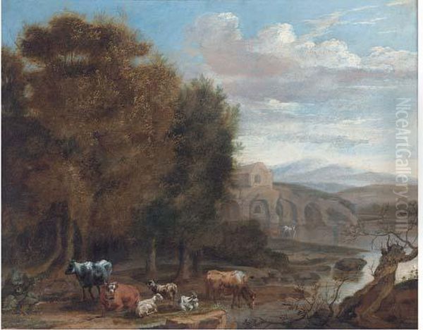 Cattle And Goats Resting By A Lake Oil Painting by James Stark