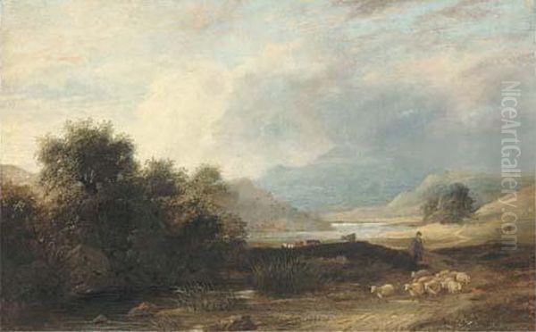 A Shepherd And His Flock By A Brook At Allswater, Cumberland Oil Painting by James Stark