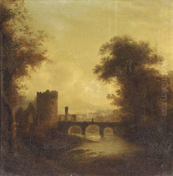 A Ruined Abbey And Bridge In A River Landscape With A Town Beyond Oil Painting by James Stark