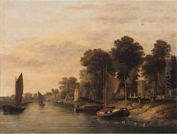 Barges On The River Waveney With Thorpe Church Oil Painting by James Stark