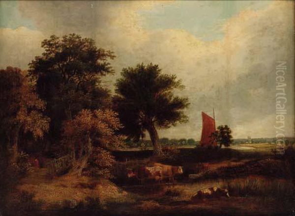 Cattle Watering In A Wooded Landscape, With A Wherry Nearnorwich Oil Painting by James Stark