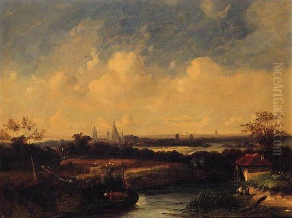 Figures On A Hay Barge With Windmills And A Church Beyond Oil Painting by James Stark