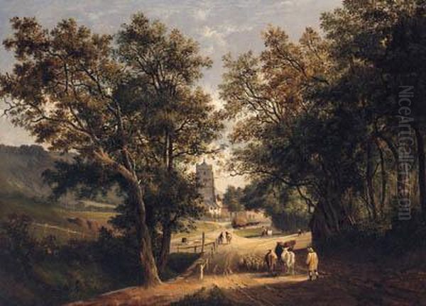 A Drover With Cattle And Sheep, A Village Beyond Oil Painting by James Stark