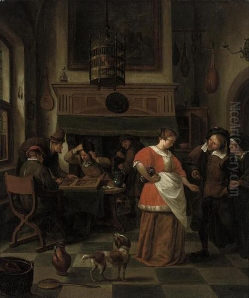 A Tavern Interior With Figures Playing A Game And A Dog Oil Painting by Jan Steen