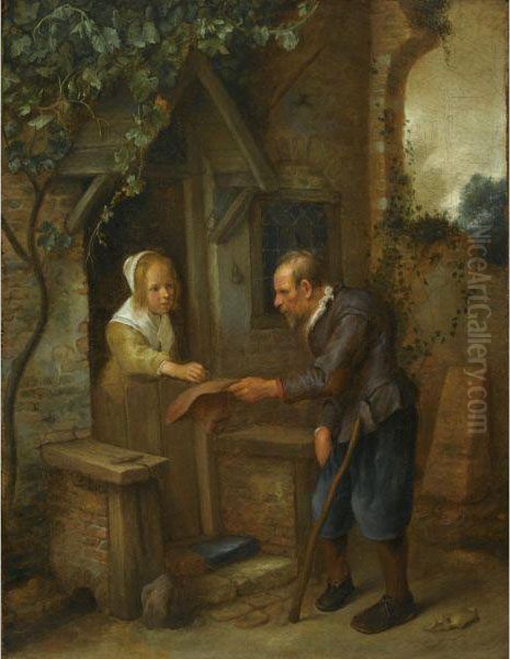 A Young Girl Handing A Coin To An Old Crippled Beggar In Front Of A House Oil Painting by Jan Steen