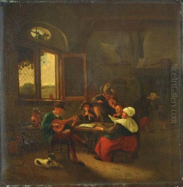 Interieur Mit Musizierender Tischgesellschaft. Oil Painting by Jan Steen