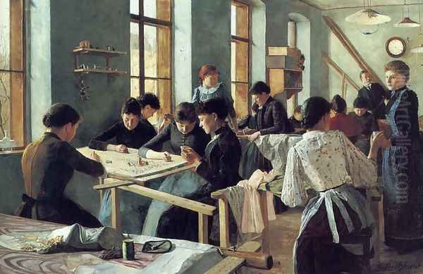 Ladies embroidering in a workshop Oil Painting by Heinrich Strehblow