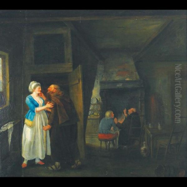 Tavern Interior With A Maiden And Monk In Discussion To Thefore Oil Painting by Jan Steen