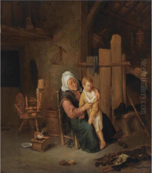 A Woman Undressing A Young Boy 
In An Interior, Another Child Lying In A Bed In The Background Oil Painting by Jan Steen