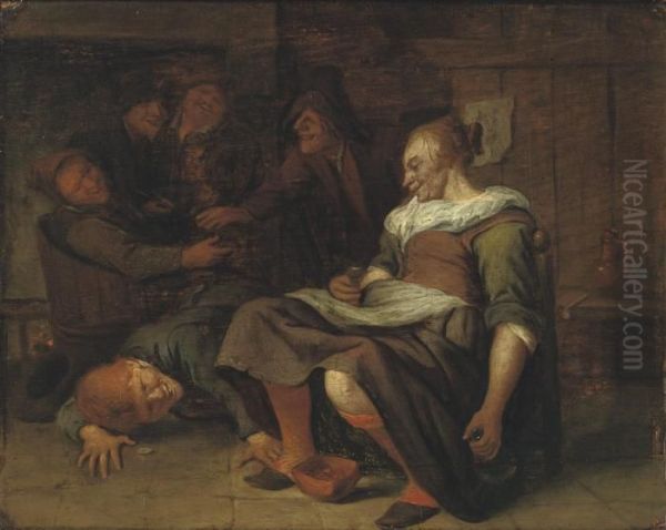 A Peasant Woman With A Boy Trying To Look Under Her Skirt Oil Painting by Jan Steen