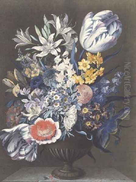 Urn with Flowers on a Marble Table Oil Painting by J.A. Simson